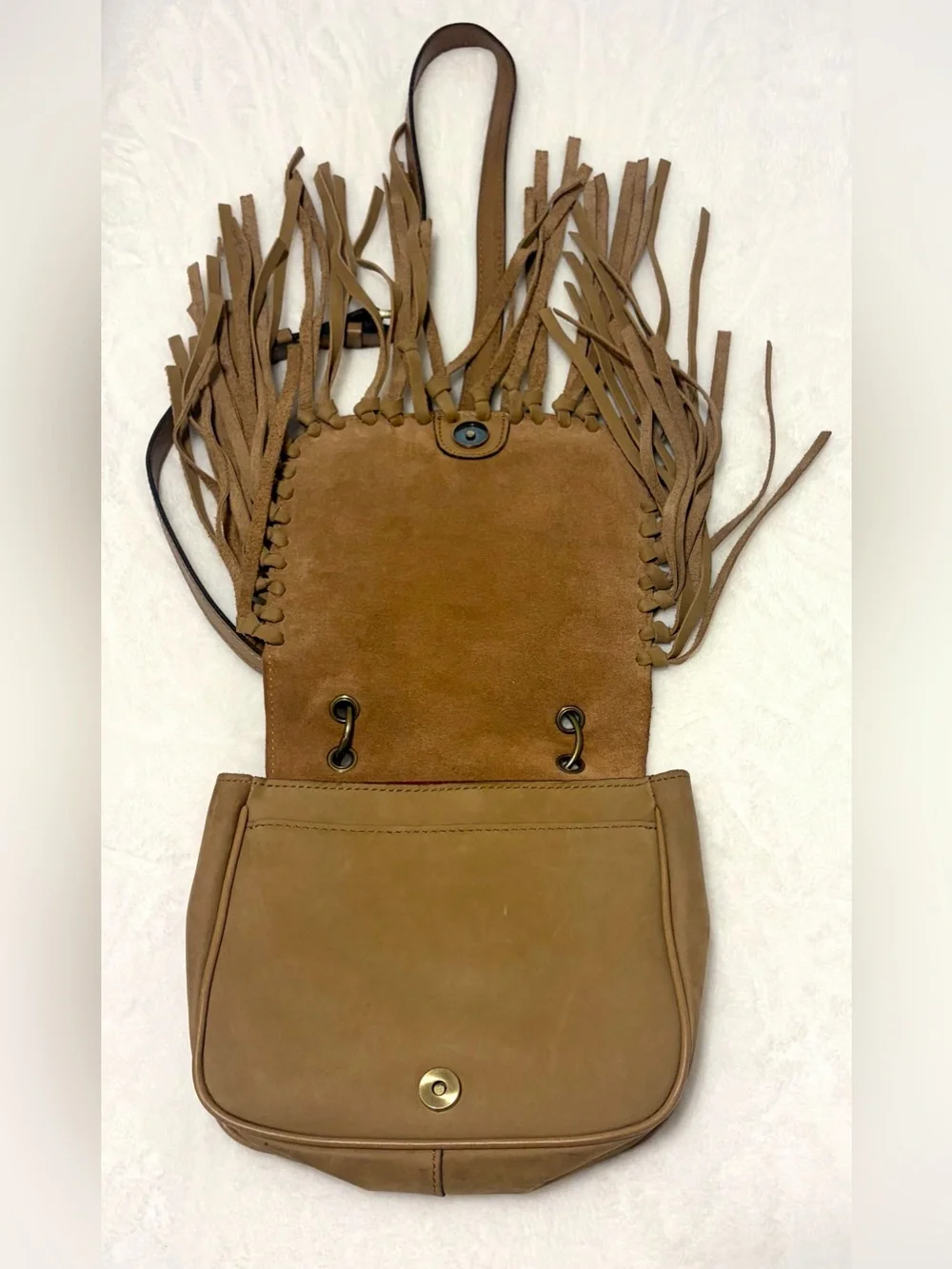 Patricia Nash Karisa Tan Leather Fringe Crossbody Saddle Bag Purse Boho